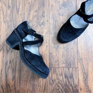 Stephane Kelian • black platform shoes criss cross strap mary jane chunky suede